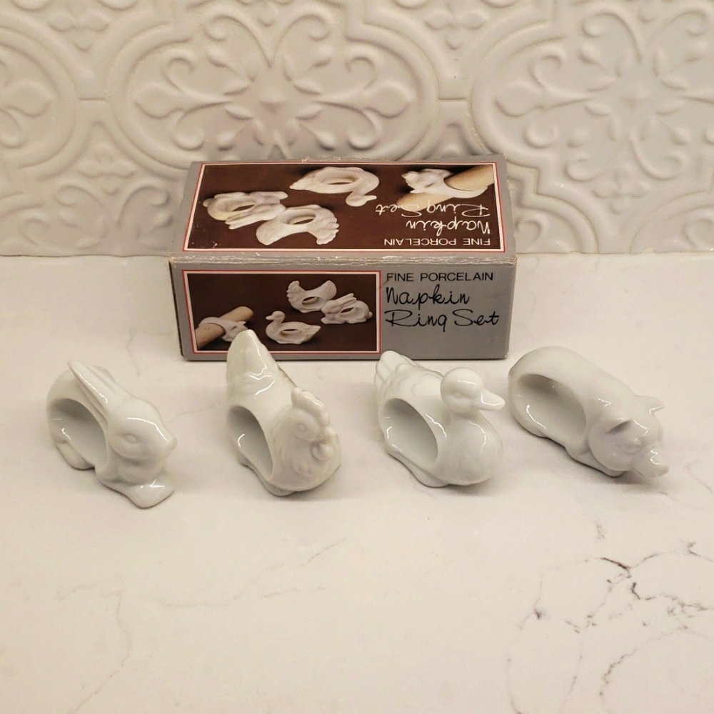Vintage Porcelain Farm Animals Napkin Ring Set